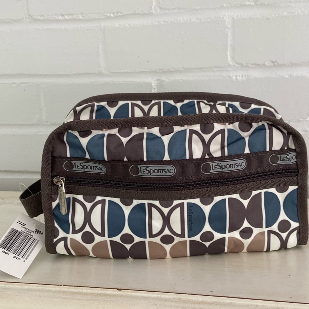 New With Tags LeSportsac Blue/Brown Patterned Cosmetic Travel Overnight  Pouch